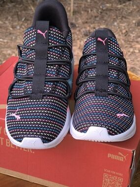 Puma Kids' Black Knit Sneakers with Pink & Multicolor Accents